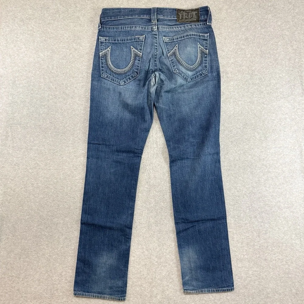 True Religion Slim Straight Leg Jeans Mens 30x35 Jackson Dark Wash Repaired Y2K